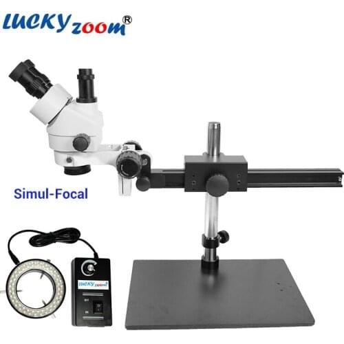Luckyzoom 7X-45X Simul-Focal Trinocular Stereo Zoom Microscope Portable Tripod Stand 60 Ring Light Source Soldering Microscopio