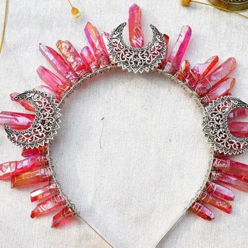 U2JF Raw Crystal Quartz Jewelry Tiara Headband Retro Metal Moon Witch Wizard Crown Wedding Bridal Sun Goddess Headdress