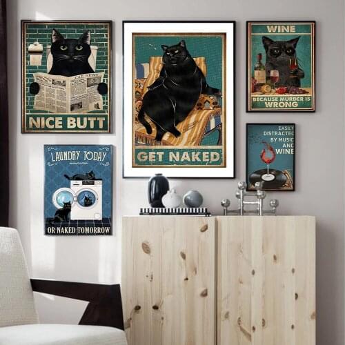 Mental Black Cat Poster Your Butt Napkins Art Print Vintage Get Naked Retro Funny Bathroom Sign Canvas Painting Home Decor