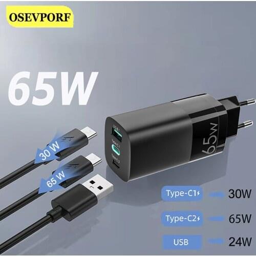 65W GaN QC4.0 Fast Charger Double Type C USB Adapter For Huawei Xiaomi Samsung S21 iPhone 12 Support FCP SCP USBC Quick Charging