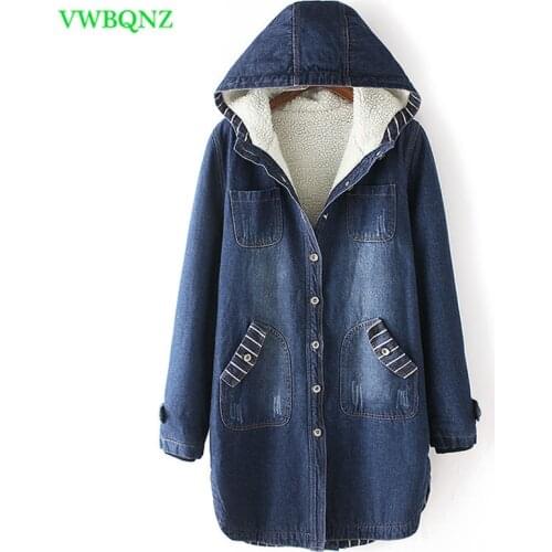 Korean Women Hooded Denim Jacket Autumn Winter Long Warm Cotton Basic Coat Womens Stripe Single-breasted Jeans Jackets Coats 374