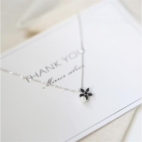 925 Sterling Silver Zircon Black Cute Little Daisy Flower Pearl Necklace for Women Sweet Female Clavicle Chain Mujer Colar SN153