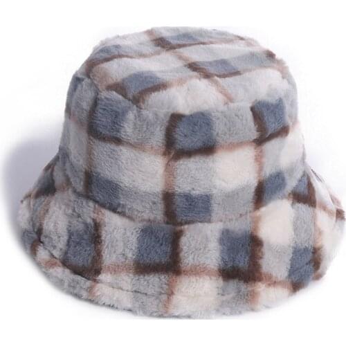 Faux Fur Winter Bucket Hat for Women Fashion Retro Lattice Soft Warm Fishing Cap Outdoor Foldable Hat Fisherman Hat