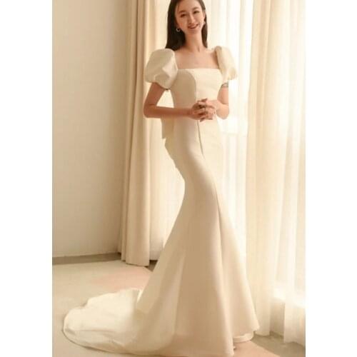 2021 New Elegant Simple Mermaid Square Neck Satin Korean Vintage Short Sleeve Sweep Train Wedding Gown Wedding Dress White