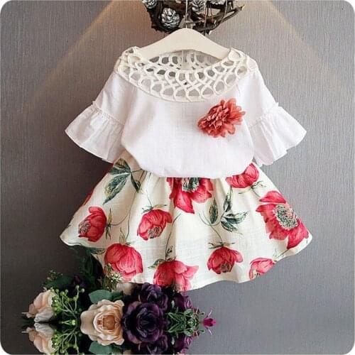 2 Pcs Baby Girl Hollow Collar Flare Sleeve Top + Flower Sets Kids Dresses Sets Cotton