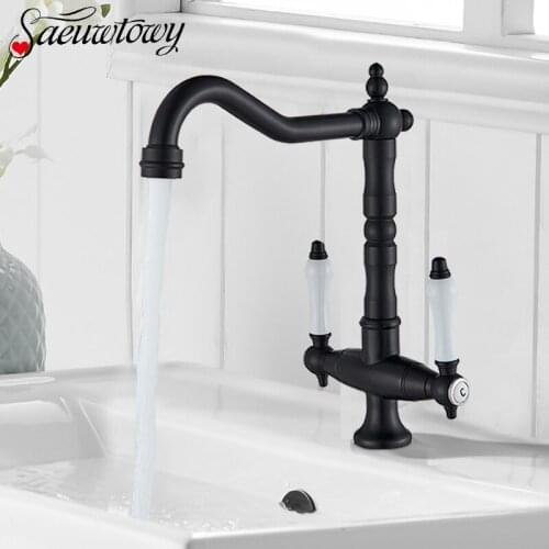 Antique Brass Basin Faucet Ceramic Double Handle Deck Mount Hot Cold Mixer Crane Kitchen Faucet Rotatable Bathroom Faucet