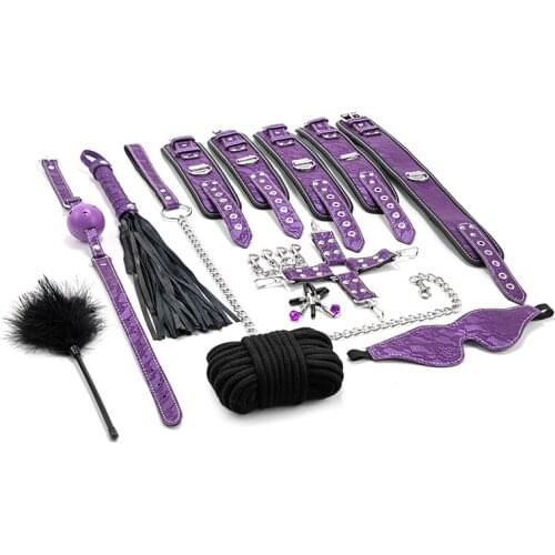 BDSM Printed Fun Plush 10-piece Set Binding Rope Handcuffs Set Fun with Bed Adult Supplies Training Props