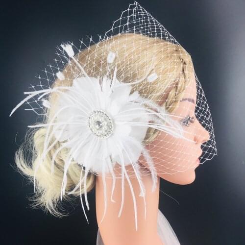 White Flower Face Mask For Bride Headwear Net Birdcage Veils Elegant Pearl Feather Wedding Hair Accessories for Wedding Party