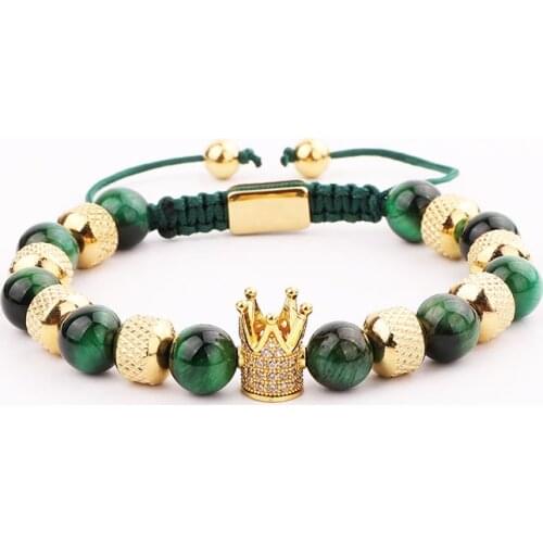 Natural Stone Crown Men Bracelet Green Tiger Eye Beads Stainless Steel Macrame Adjustable Bracelet Men Jewelry