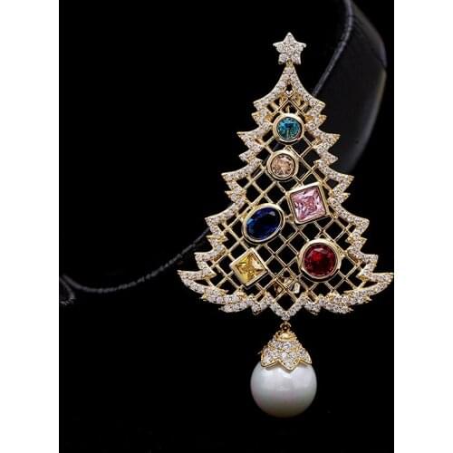 Christmas Tree Pearl Brooch Luxury Cubic Zirconias Brooches Pins Jewelry Colorful Rhinestone Brooch for Women Gift Coat jwellery