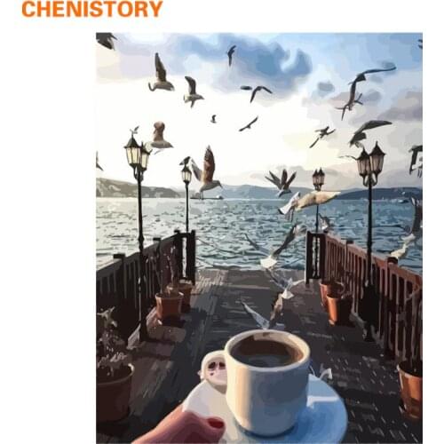 CHENISTORY Frameless Seagull Coffee DIY Painting By Numbers Modern Home Wall Art Picture Landscape Calligraphy Painting 40x50cm