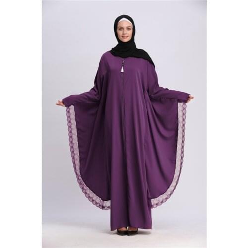 Elegant Muslim Lace Abaya Bat Sleeve Maxi Dress Cardigan Zipper Long Robe Gowns Ramadan Turkey Islamic Clothing Free Shipping