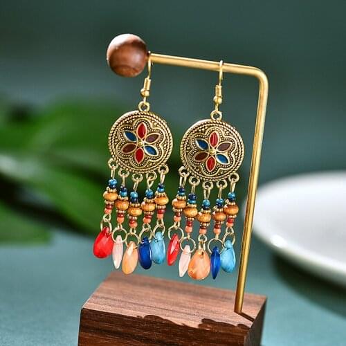 Ethnic Crystal Tassel Dangle Earrings For Women Vintage Flower Indian Earrings Wood Beads Wedding Earrings Hangers