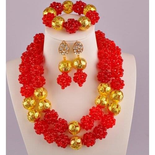 Red African Jewelry Set Nigerian Beads Jewelry Set Crystal Beaded Ball Sets