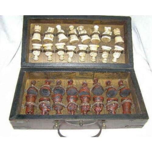 Copper Satue Chinese Army Style 32 Pieces Chess Set Leather Wood Box Board & Traditional Game