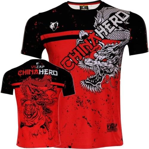 VSZAP Dragon pattern Mens Sports Running T Shirt Mens Brand Gym Fitness MMA Boxing Shirts Sportswear Top Quick Dry Men Jersey