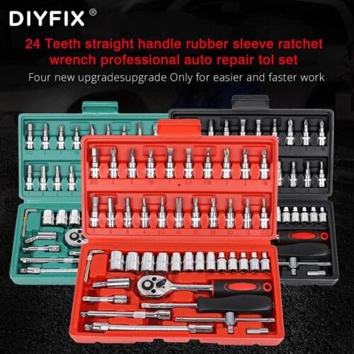 DIYFIX 46PCS Auto Car Repair Tool Set With 1/4 -Inch Socket Sleeve Ratchet Torque Wrench Professional Insurance Repairing Set