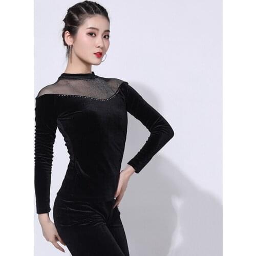 New Ballroom Dance Gauze Tops Women Velvet Latin Dance Costume Black Practice Clothes Competition Wear Practice Tops VDB1963