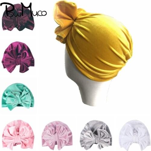 Powmuco 17.5*13.5 CM Solid Color Velvet Indian Hats Fashion Handmade Bowknot Caps Infant Bows Headwear Kids Clothing Ornaments