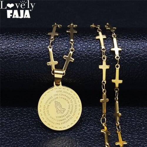 Jesus Folded Hands Together Scripture Stainless Steel Chain Necklaces for Women Gold Color Cross Chain Necklace Jewelry NXS03