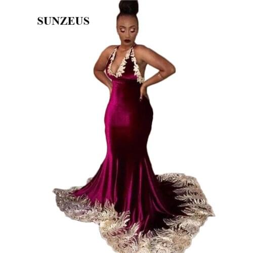 Burgundy Velvet Prom Dresses Mermaid Deep V Neck Sexy Black Girls Prom Party Gowns Long Gold Appliques Back Criss Cross Formal