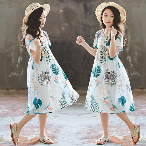 2021 Spring Autumn Kids Fashion Dresses Teenage Floral Print Party Dress Children Girls Dress Short Sleeve Children Clothes D664