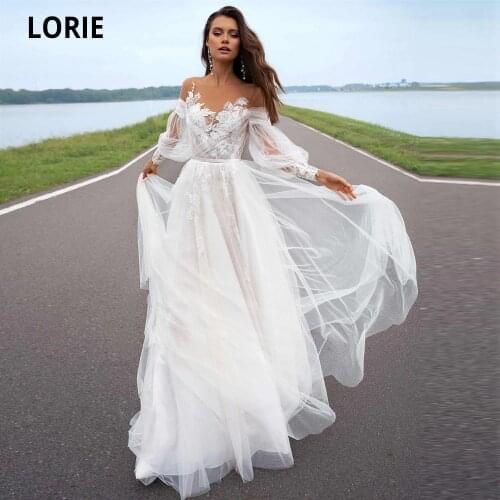 LORIE 2020 A-line Beach Wedding Dress Long Sleeve Sweep Train Bridal Dress Custom Made Princess Wedding Gowns Boho Plus Size