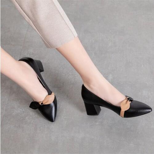 PXELENA 2020 Spring Charming Women Slip On Pumps Bowtie Chunky Block Med Heels Shoes Black White Office Lady Dress Party 34-43