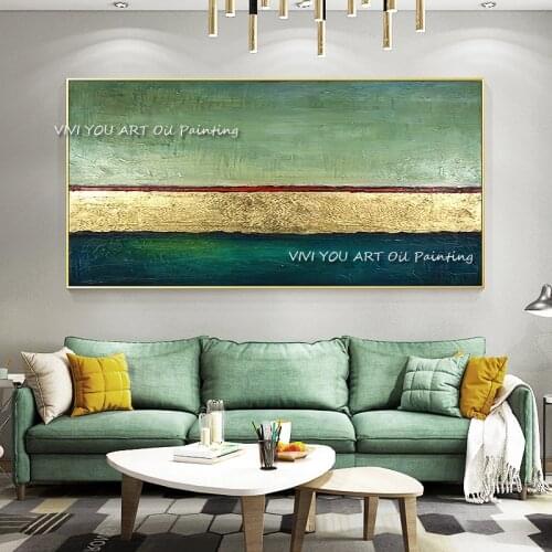 Hand Painted Modern Gold Painted Abstract Green Oil Paintings On Canvas Art Wall Mural Pictures For Living Room Home Decoration