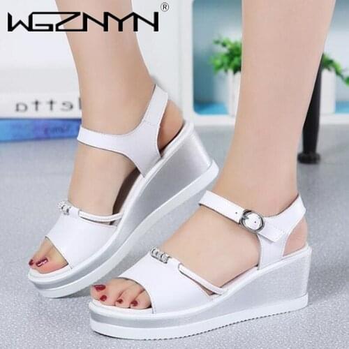 2021 Summer Women Wedges Heels Sandals Ladies Casual Sandals Open Toe Black White Shoes Wedge Heel 6cm Leather Gladiator Sandals
