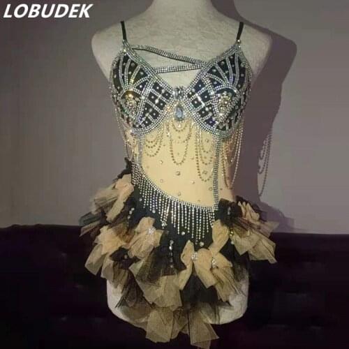 Sexy Chains Tassel Tights Crystals Leotard DJ Latin Pole Dancing Acrobatic Performance Competition Shiny Rhinestones Bodysuit