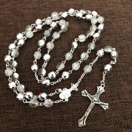 GREY Acrylic Beads Catholic Rosary Necklace Virgin Mary Jesus Cross Necklaces