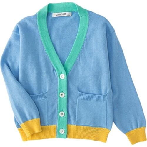 Spring Autumn Knitted Cardigan Sweater Baby Children Clothing Baby Boys Girls Sweaters Korean Kids Colorblock V-neck Coat