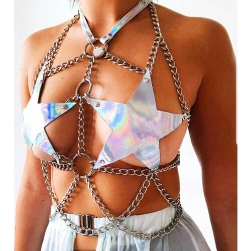 Chic Laser Body Harness Sexy Metal Chain With O Ring Star Pattern Tops Summer Night Party Carnival Multilayer Clothes For Lady