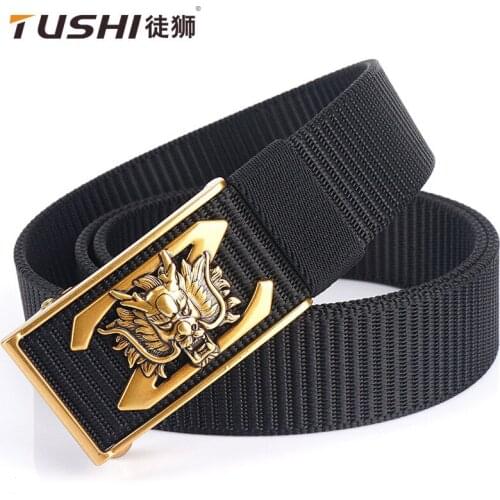 TUSHI 2021 Hot Sell Men Belt Unique Dragon Pattern Nylon Weave Waistband Metal Automatic Buckle Male Ceinture Jeans 120cm*3.4cm