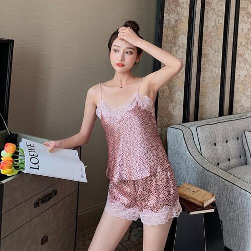 Womens Silk Pajamas Sexy Girls Leopard Camisole Shorts Set Satin Pyjama Set Female Soft Comfy Home Wear Summer Sleepwear