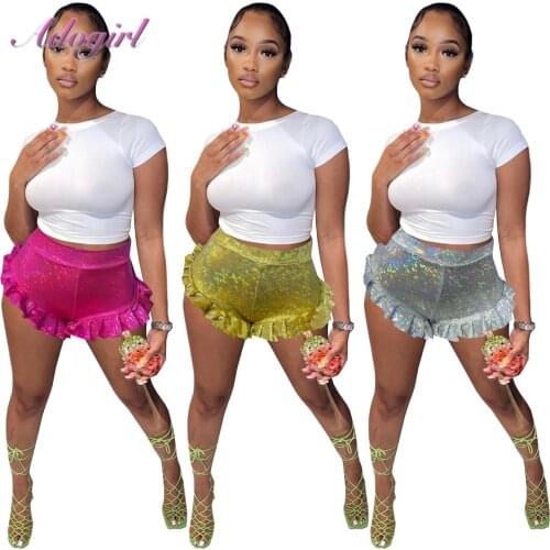 Women Summer Shorts Sexy Reflective Floral High Waist Ruffles Buttom Shorts Pants Outfit Club Party Shorts Streetwear Trousers