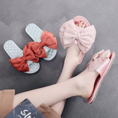 Women Bow Slippers Summer Sandals Indoor Outdoor Silk Flip-flops Casual Woman Beach Flat Shoes Fashion Flower Sweet Slippers