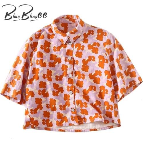 BlingBlingee Floral Print Denim Shirt Summer Short Sleeve Turn Down Collar Button Front Women Casual Loose Shirt Female Blouses