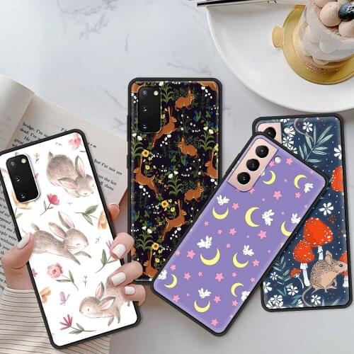 Phone Cover For Samsung S21 S20 FE Ultra S10 S9 Plus Lite S10e Case Smartphone Shell Cover Fundas Black Rabbit Floral Pattern