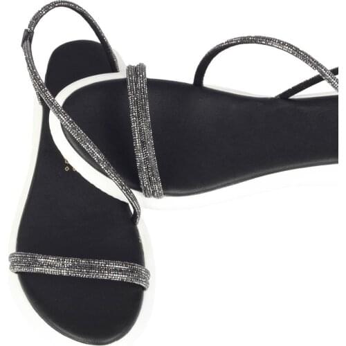 Modabuymus Black Cubic Zirconia Asymmetric Banded Thick Sole Sandals-Glare