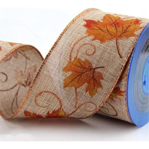 N2284 63mm Decorative Cotton Linen Ribbon Wired with Orange Fall Leaves for Craft, DIY, Crafting, Wreath Making, Bows