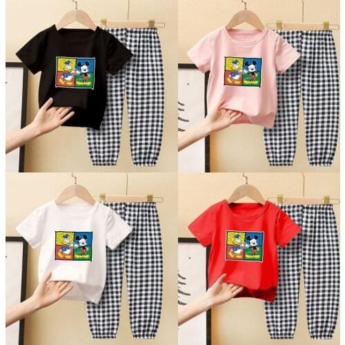 Kids Clothes Girls Summer Suit 2020 New Short-sleeved Cartoon Printed Cotton Top Two-piece Plaid Mosquito-proof Trousers