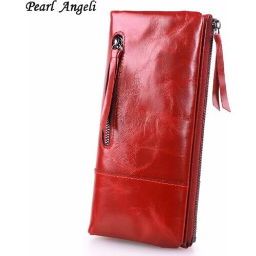 Pearl Angeli Genuine Leather Long Women Wallets Female Card Holder Coin Purse Cellphone Pocket Clutch Wallet Portefeuille Femme