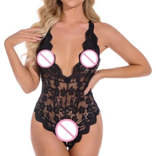 Erotic Lingerie Bodysuit Hollow Out Lace Deep V Neck Sleevless Summer Backless Sexy Underwear for Women Bielizna Erotyczna