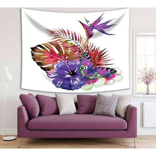 Tapestry Tropical Palm Leaves and Flowers Classic Watercolor Style Nature Artwork Purple
