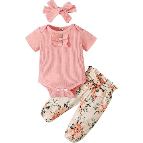 Newborn Infant Baby Girl Clothes Romper Onesie Floral Pant Outfits Set Cotton Baby Girl Clothes Baby Girls' Pant Sets Pink