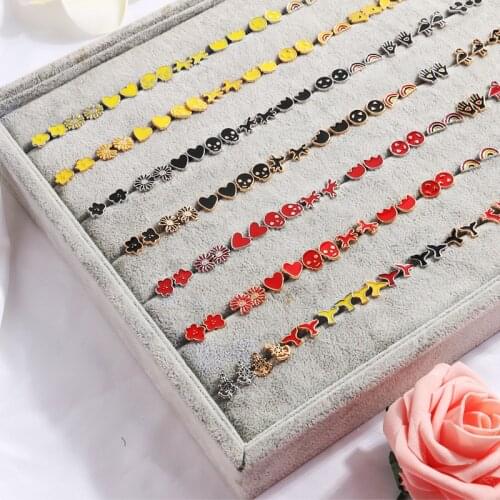 Fashion women stud earrings heart palm Turkish eye flower daisy rainbow earrings 6pcs/set copper dropping oil earring for women