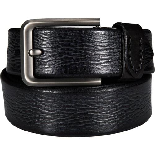 Barry.Wang Black Leather Belt for Men Silver Alloy Pin Buckle Belt Cowhide Retro Waist Belt Single Prong Buckle Strap for Jeans