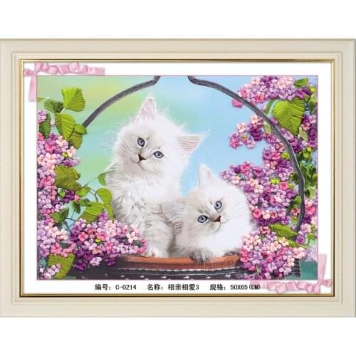 Needlework,DIY Ribbon Cross stitch Sets for Embroidery kit,cute kitty cat flower love ribbon Cross-Stitch wall decor
